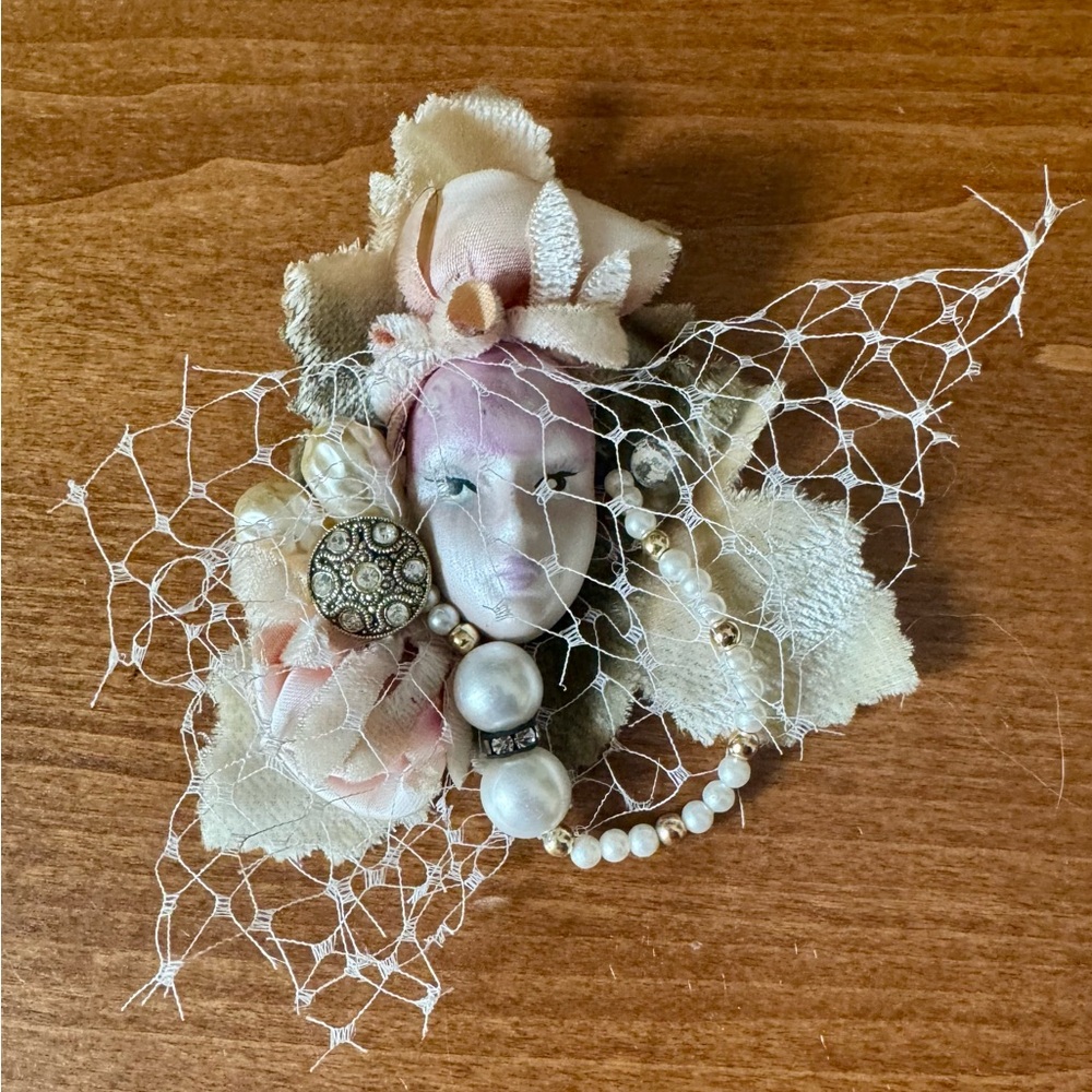 Ivory and Blush Fabric Floral Brooch with Pearl Accents